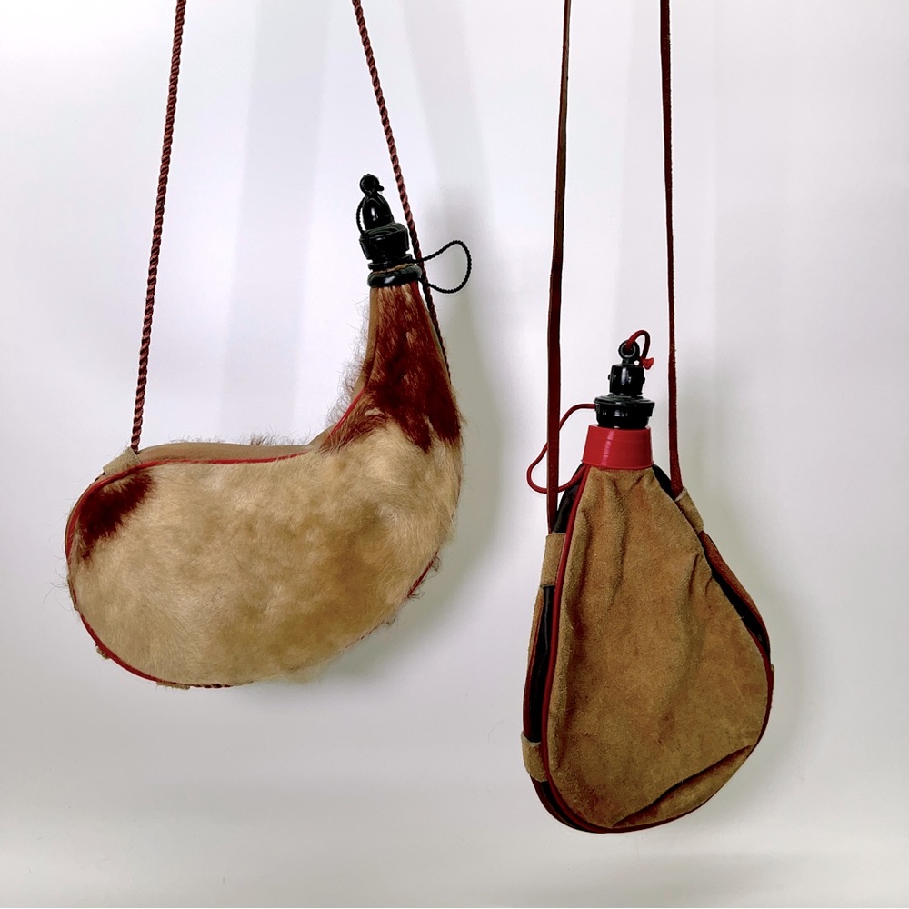 Two Vinatge Leather & Fur Water Canteens